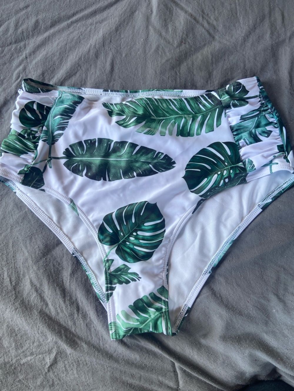 NWOT White High-Waist Bikini Bottom with Green Tropical Leaf Print